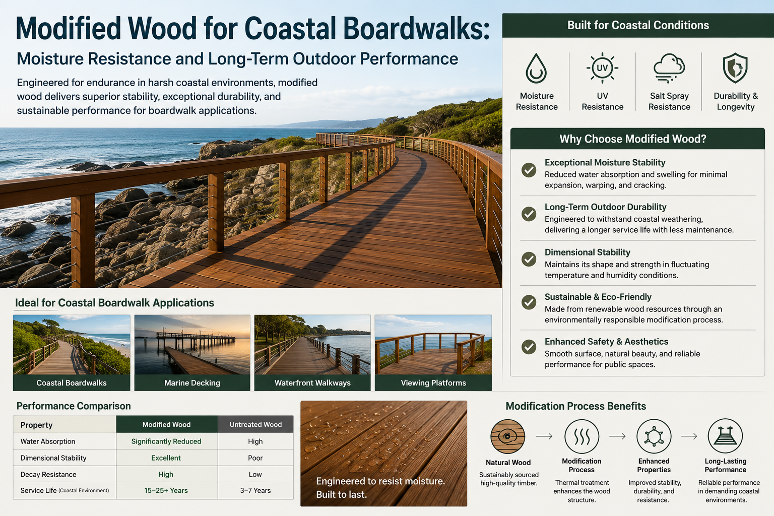 Modified Wood for Coastal Boardwalks: Moisture Resistance and Long-Term Outdoor Performance